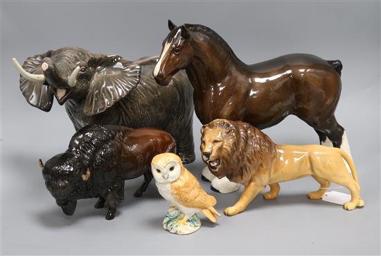 A Beswick model of an elephant, shire horse, buffalo, lion, owl